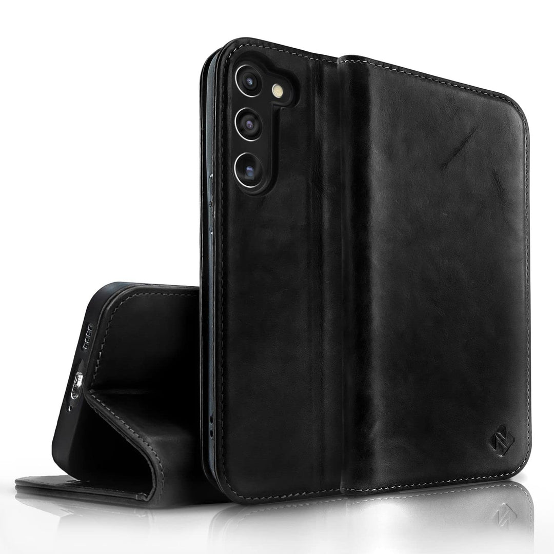 NALIA Echt-Leder Flip-Case kompatibel mit Samsung Galaxy S23 Plus Hülle, 360 Grad Bookcase, RFID-Sch