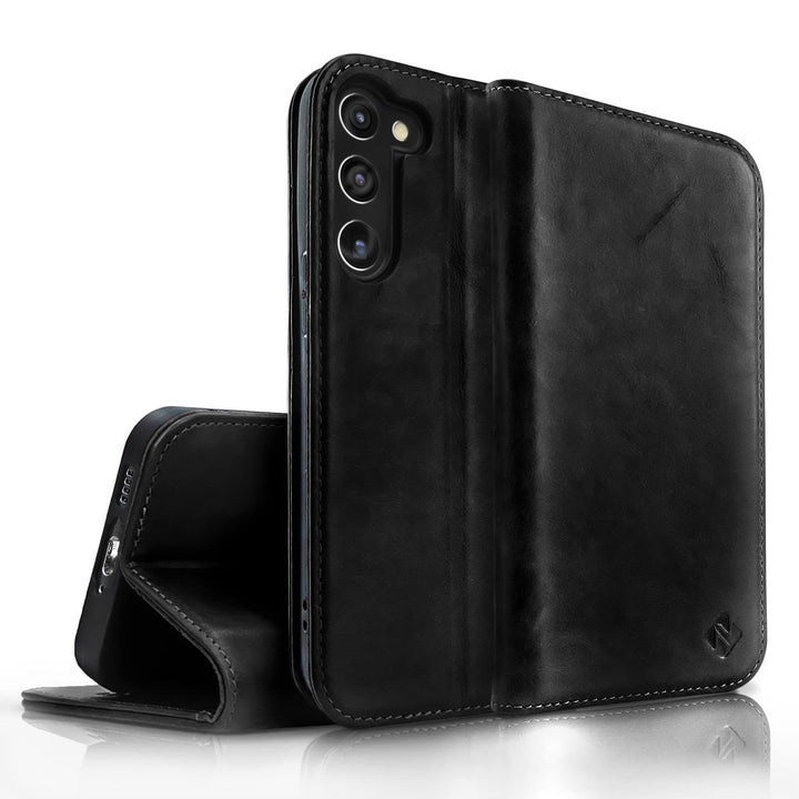 NALIA Echt-Leder Flip-Case kompatibel mit Samsung Galaxy S23 Plus Hülle, 360 Grad Bookcase, RFID-Sch