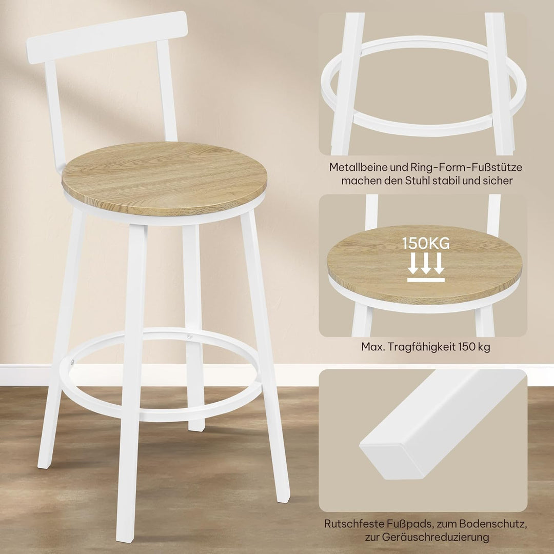WOLTU Barhocker 2er Set, Barstuhl, Bar Hocker rund, Küchenhocker mit Lehne, Metallgestell, Fussstütz