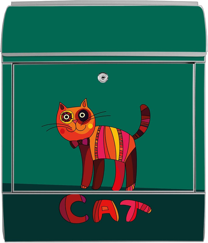 banjado® Design Briefkasten mit Motiv Orange Katze 39x47x14cm &amp; 2 Schlüssel - Briefkasten Stahl Silb