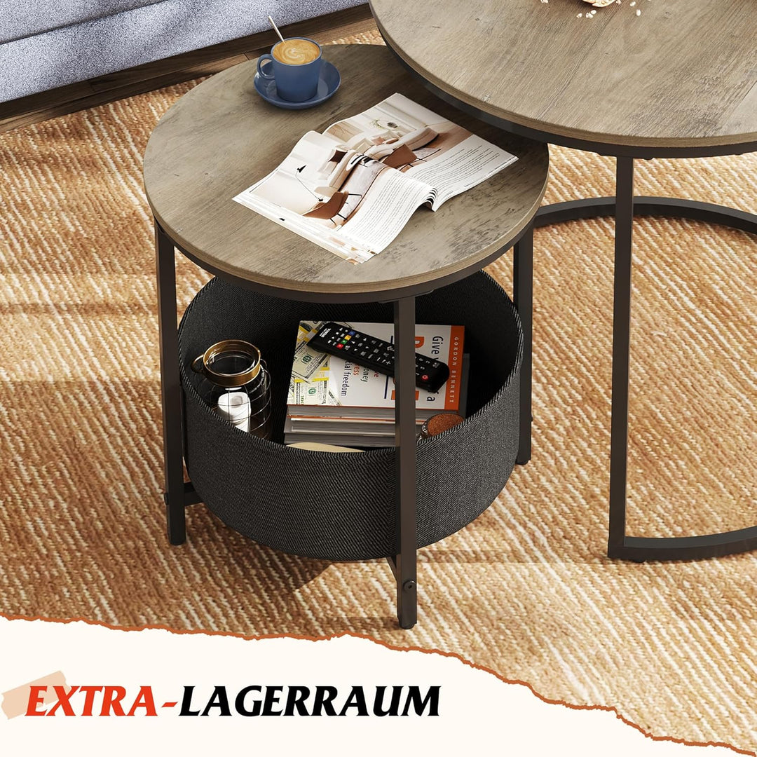 WLIVE Couchtisch Rund 2er Set, Kleiner Beistelltisch mit Stoffkorb, Satztische Wohnzimmertisch mit M
