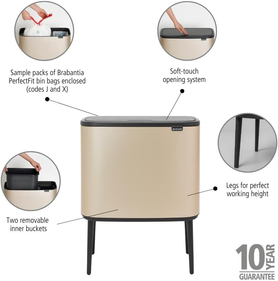 Brabantia Bo Touch Mülleimer Recycling, Metallic Gold, 11 + 23L 2 Inneneimer (11 + 23L) Champagne, 2