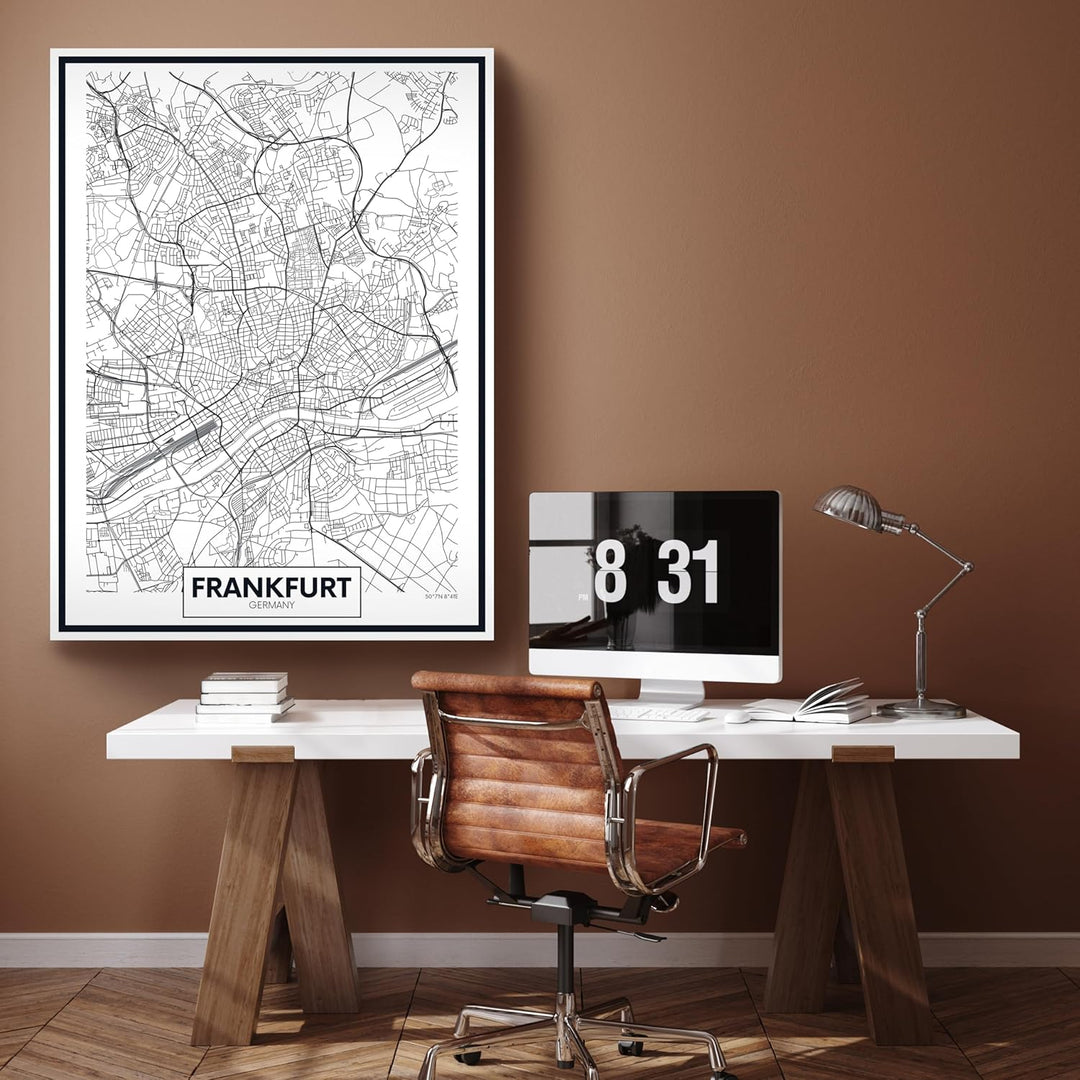 wandmotiv24 Stadt Karte als Leinwandbild, 100x75cm, Hochformat, Frankfurt, Deutschland, Plan, Strass