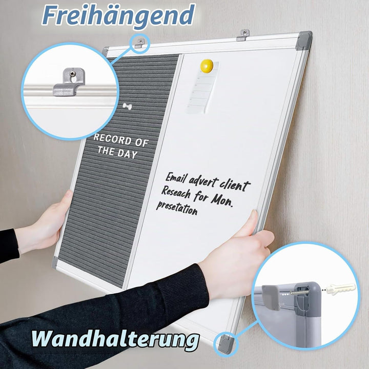 MAKELLO Kombitafel 90x60cm Whiteboard und Buchstaben Tafel, Pinnwand Magnettafel mit Aluminiumrahmen