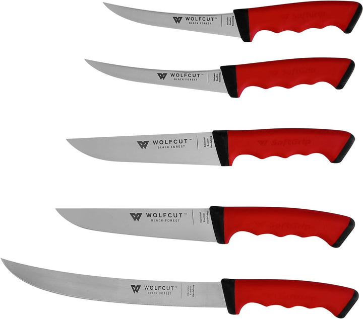 Wolfcut SoftGrip Serie - Metzgermesser-Set 5-tlg. - Ausbeinmesser, Stechmesser, Fleischermesser, Zer
