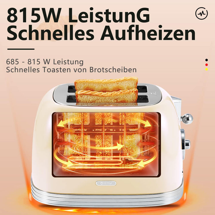 Wiltal Toaster 2 Scheiben, Retro, mit Brötchenaufsatz, mit Deckel aus Edelstahl, Vorheiz-, Auftau- u