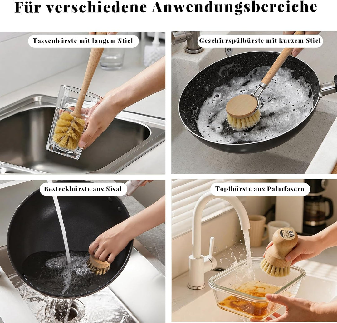 5 Stück Bambus Spülbürsten-mit Spülbürste Holz, 14’’ Flaschenbürste, Ersatzköpfen, Abwaschbürste*2 -