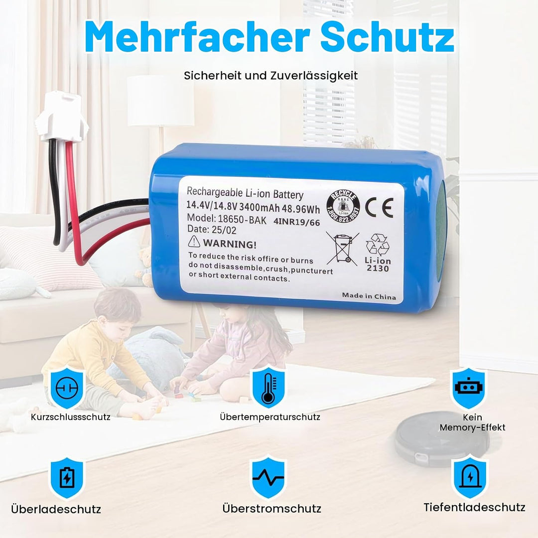 3400 mAh Ersatzakku Kompatibel mit AIRROBO P20 Roboter Staubsauger Akku, 14,4 V/ 14,8 V Li-Ionen Akk