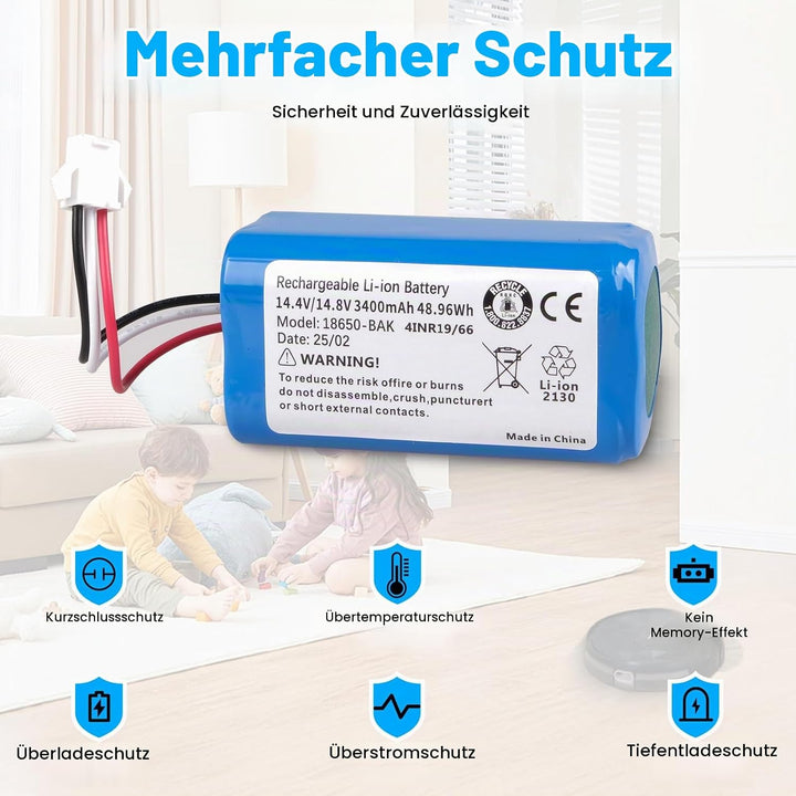 3400 mAh Ersatzakku Kompatibel mit AIRROBO P20 Roboter Staubsauger Akku, 14,4 V/ 14,8 V Li-Ionen Akk