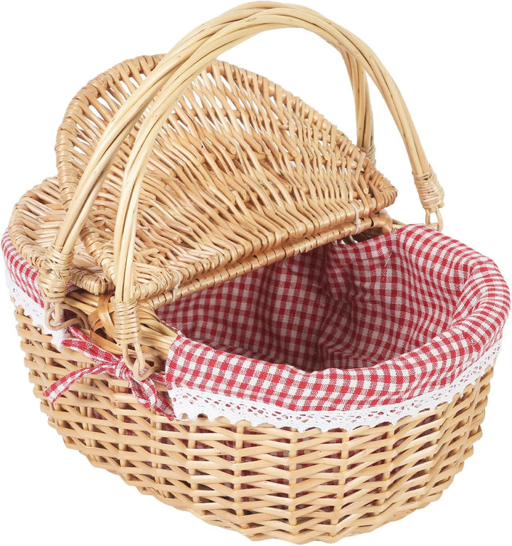 Picknickkorb mit Doppeldeckel &amp; klappbarem Griff, Handgeflochtener Korb mit Baumwollfutter, Picnic B