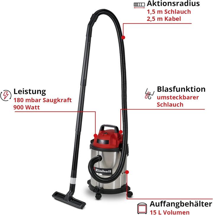 Einhell Nass-Trockensauger TC-VC 1540 S (900 W, 180 mbar Saugleistung, 15 L Edelstahlbehälter, Rolle