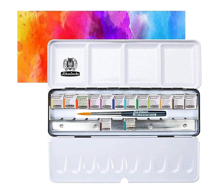 Schmincke Akademie Aquarell Malkasten, Metallkasten, 14 x 1/2 mit Da Vinci XS synthetic brush voyage