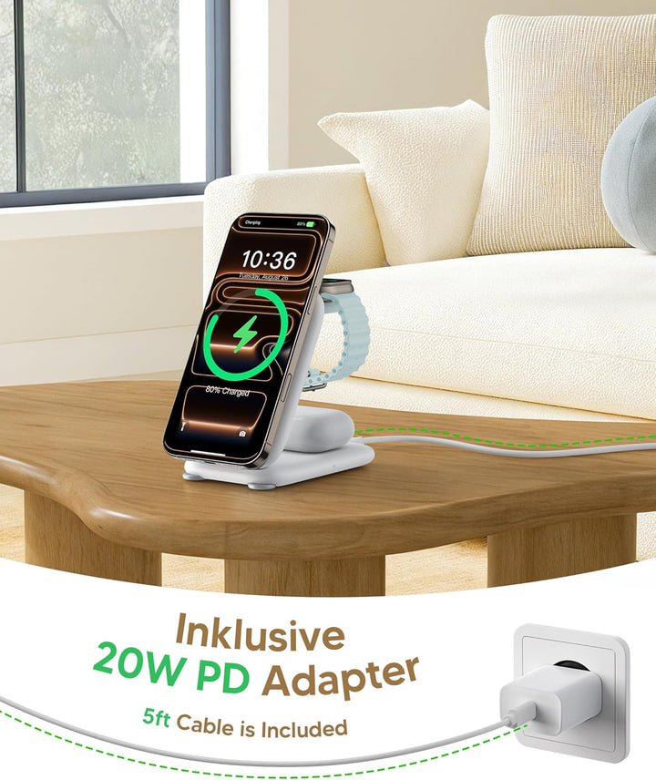 Mukiya Magnetisch Ladegerät Kabellose Ladestation für Apple-Geräte, Faltbar 3 in 1 Ladestation Kompa
