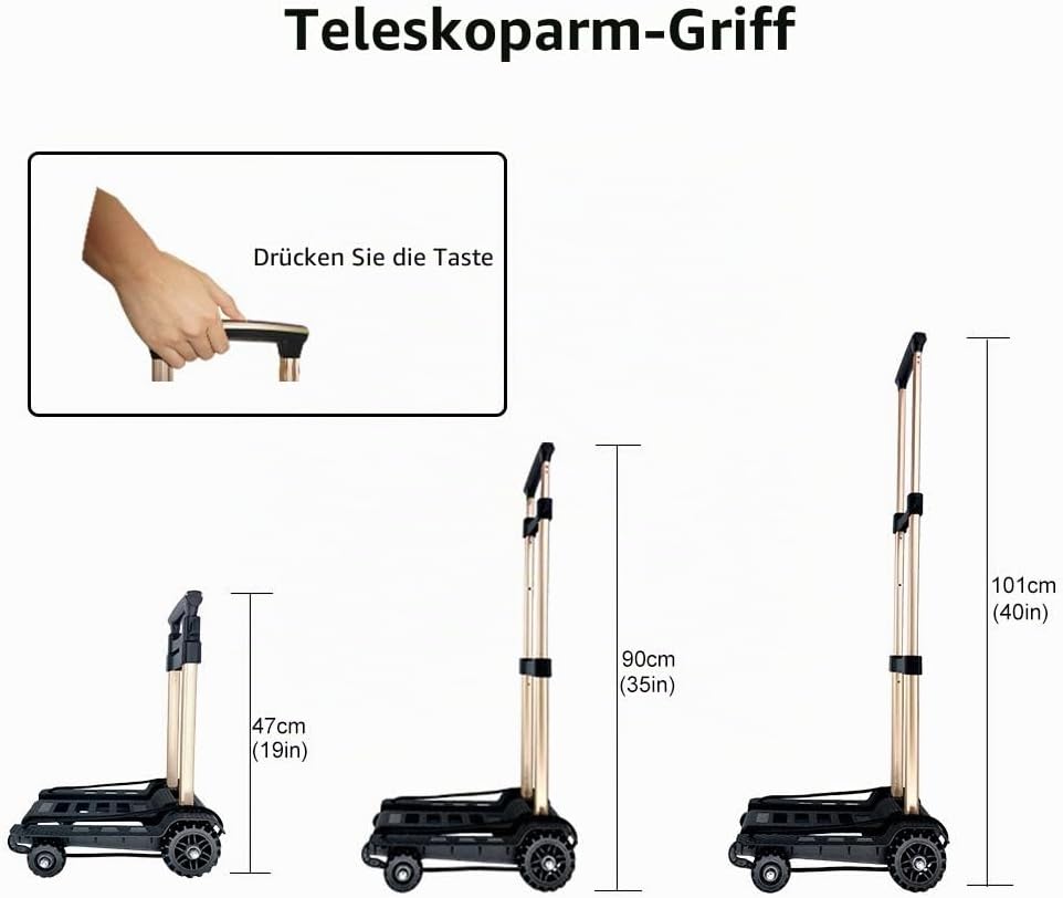 Faltbarer Handwagen, geräuschlose, verschleissfeste PU-Tankräder und einstellbare Aluminium-Deichsel