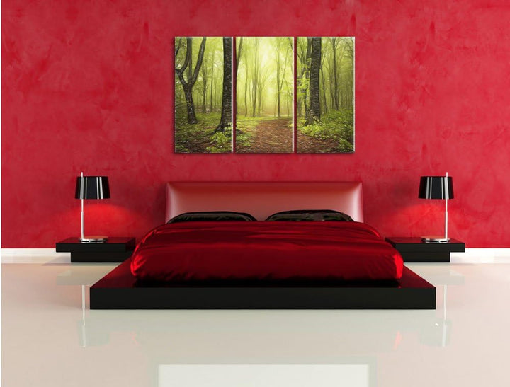 Pixxprint Weg im Wald / 3-Teilig/Gesamtmass 120cm Leinwandbild bespannt auf Holzrahmen/Wandbild Kuns