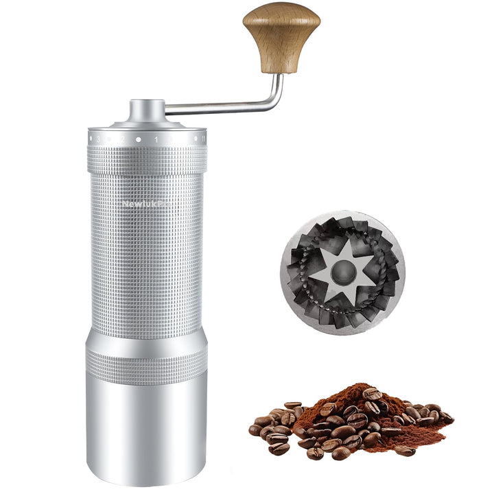 M7 Manuelle Kaffeemühle, scharfer Heptagona-Fräser, Walnuss-Griff, 48 Einstellungen, dreilagiger Kaf