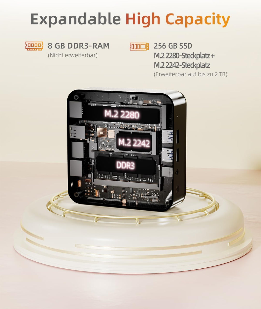 Mini PC N3150 (4 Kerne/4 Threads, bis 2,08 GHz), 8 GB RAM, 256 GB SSD, Dual USB-C Mini Computer, 2×