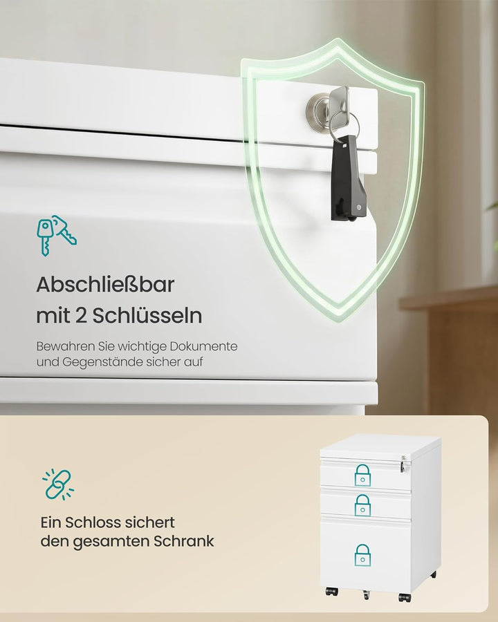 SONGMICS OFC033W101 Büroschrank mit 3 Schubladen, Rollfach auf Rollen, für Zuhause, Stahlgestell, 3