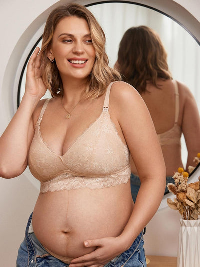 MOMANDA Damen Still BH Grosse Brüste Spitze Mutterschaft Stillen Schwangerschaft BHS, Beige