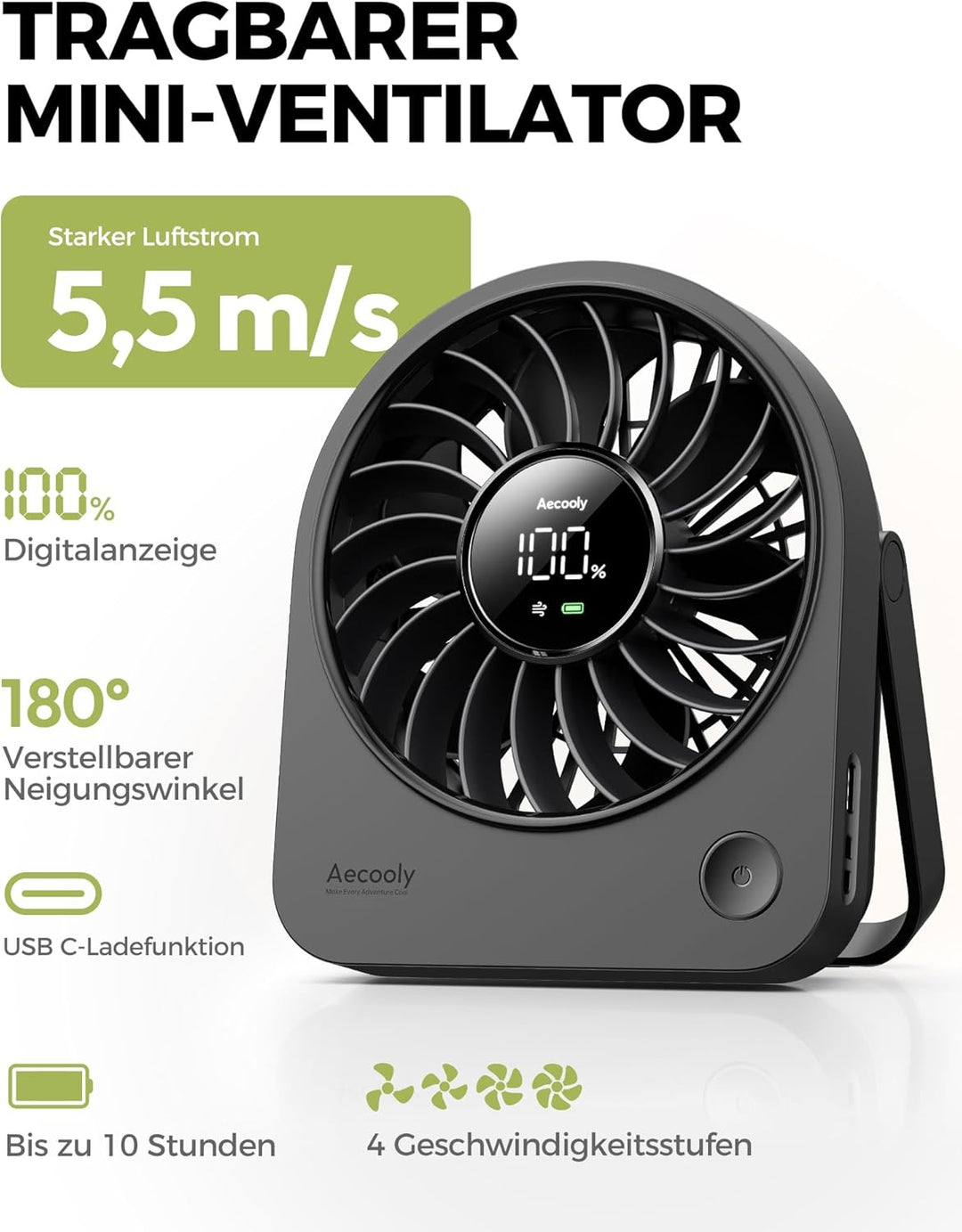 Aecooly Mini Ventilator Tischmodell, Usb-Geladen 4 Windstufen Leise Akku-Ventilator, 10 Stunden Akku