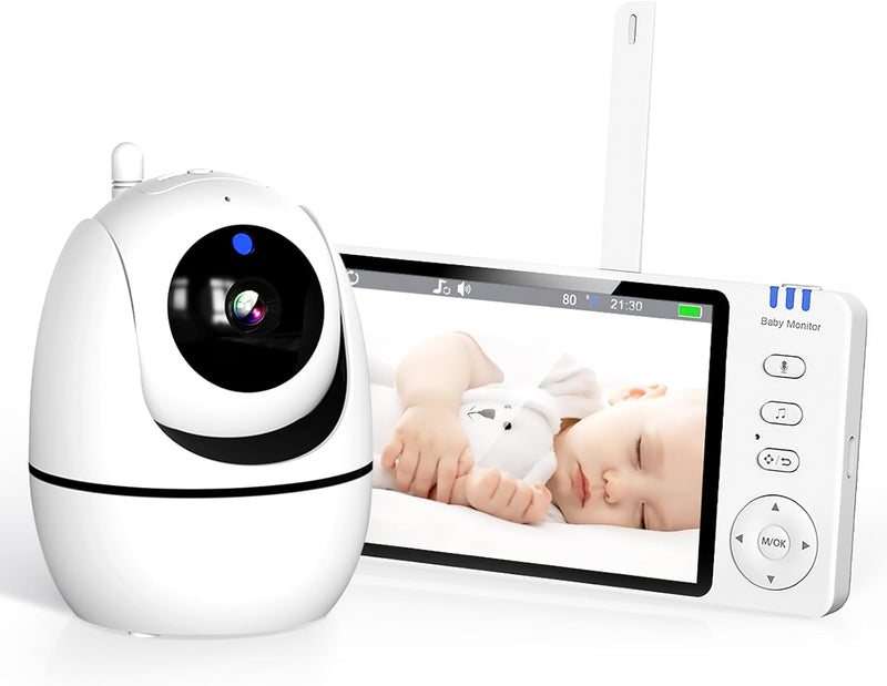 HT Babyphone mit Kamera, 5-Zoll-Bildschirm, 720P-Kamera, Zwei-Wege-Audio, Fernbedienung Drehung von