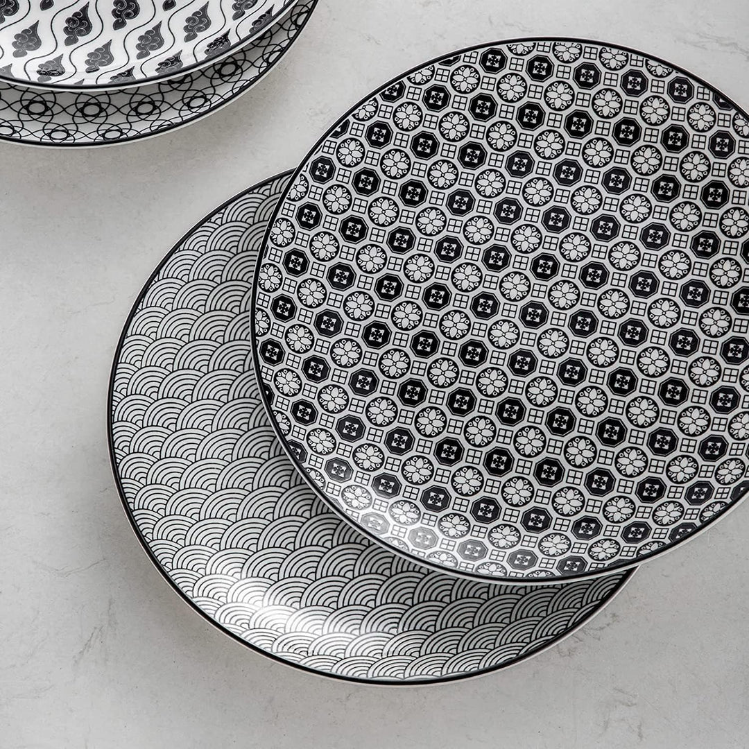 vancasso, Haruka 8 teilig Porzellan Speiseteller Set, Ø 26,5 cm Flachteller für Tafelservice, Schwar