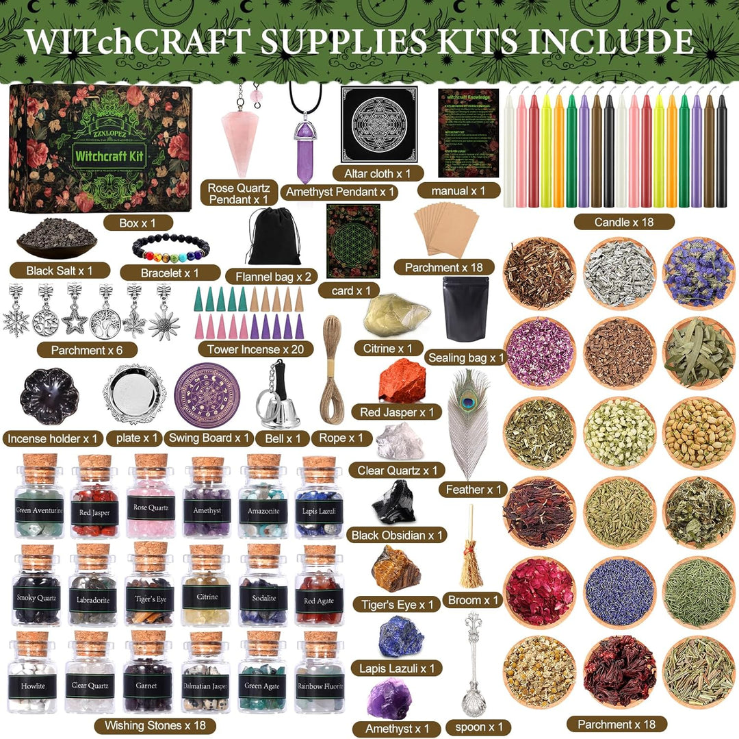 ZZXLOPEZ Starter Witch Kit 122 Stück Witchcraft Kit, Kerzen Kleine, Trockenblumen, Kristallen, Messl