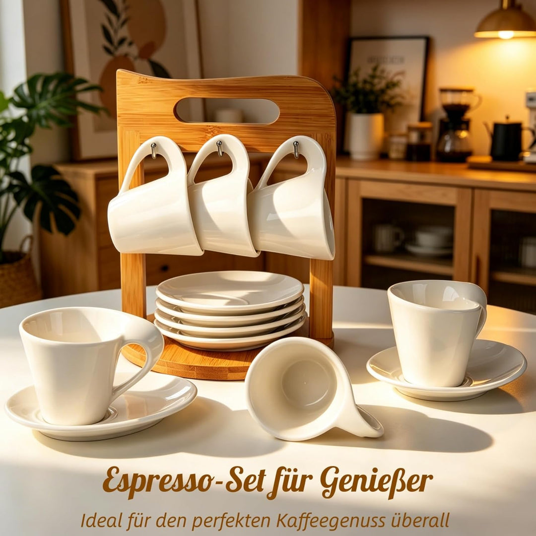 JUJOYBD Espressotassen Set mit Ständer, 6 x 80ml Porzellan Espresso Tassen mit Untertassen Set, Mokk
