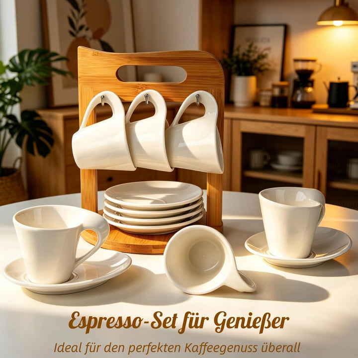 JUJOYBD Espressotassen Set mit Ständer, 6 x 80ml Porzellan Espresso Tassen mit Untertassen Set, Mokk