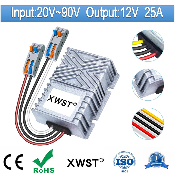 20-90V 24V36V48V60V72V80V auf 12V Spannungswandler, DC DC Wandler 25A 300W mit Schnellverbinder Kabe