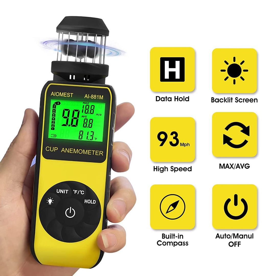 AIOMEST Windmesser Windmessgerät, 881M Digital Anemometer Handheld 4 Cups, ±4% Hoher Genauigkeit Win