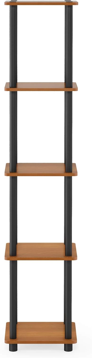 Furinno Viereckiges Regal mit 5 Ebenen, Kirsche hell/Schwarz, 29.46 x 29.46 x 146.56 cm Runde Rohre