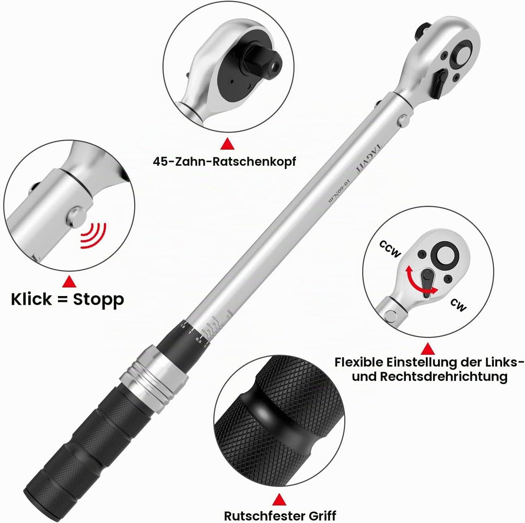 TAGVIT Drehmomentschlüssel 3/8", ± 3% Fehlergenauigkeit, 10-60 NM Drehmomentschlüssel mit Einer Trag