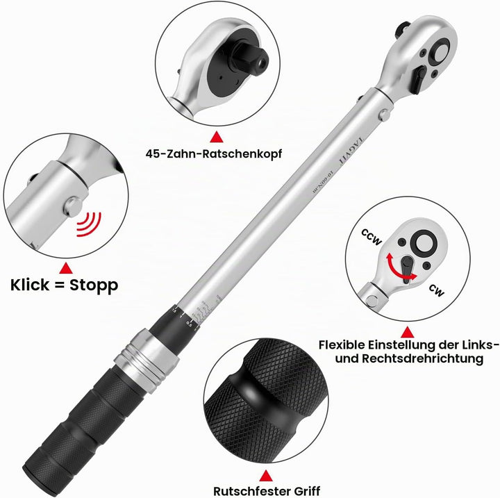 TAGVIT Drehmomentschlüssel 3/8", ± 3% Fehlergenauigkeit, 10-60 NM Drehmomentschlüssel mit Einer Trag