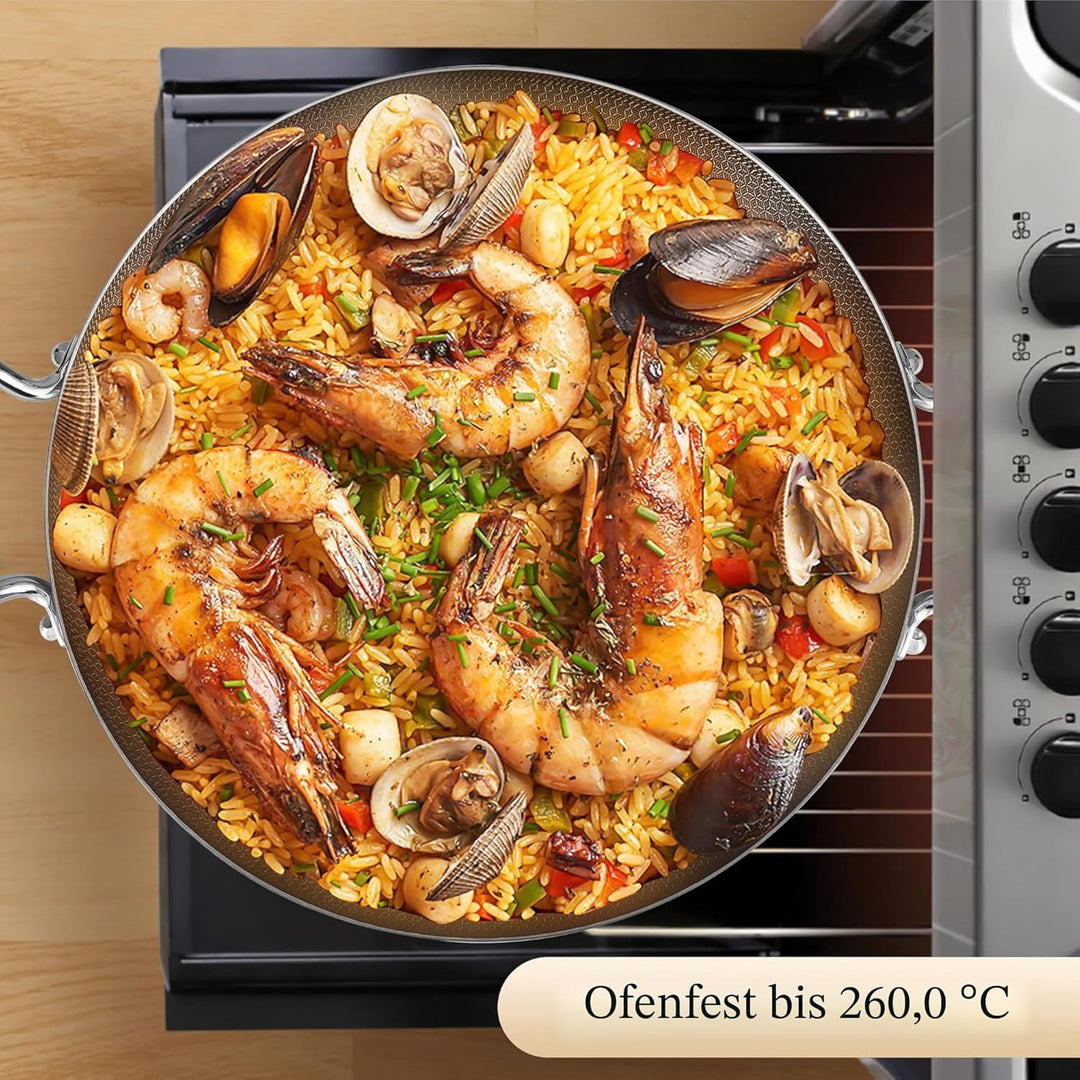 Inqibee dreischichtige Edelstahl-Paellapfanne 32 cm mit Deckel – Antihaft | 280°C Hitzebest | PFOA-f