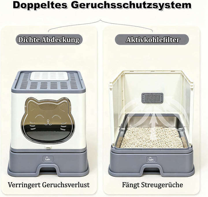 XL Geschlossene Katzentoilette mit Edelstahlschublade und Deckel, extra gross, auslaufsicher und ger