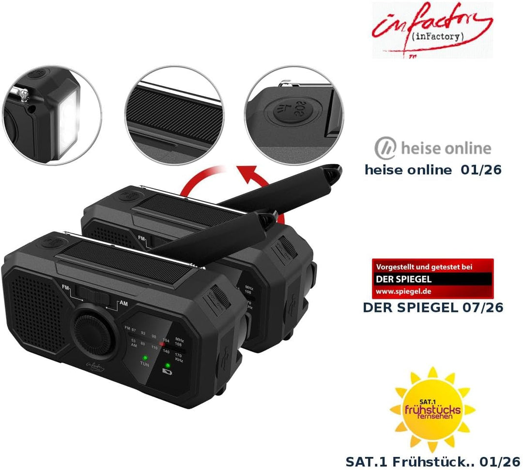 infactory Solar Kurbelradio: 2er-Set Solar- &amp; Dynamo-Koffer-Radio, LED, SOS, Powerbank-Funktion (Kur