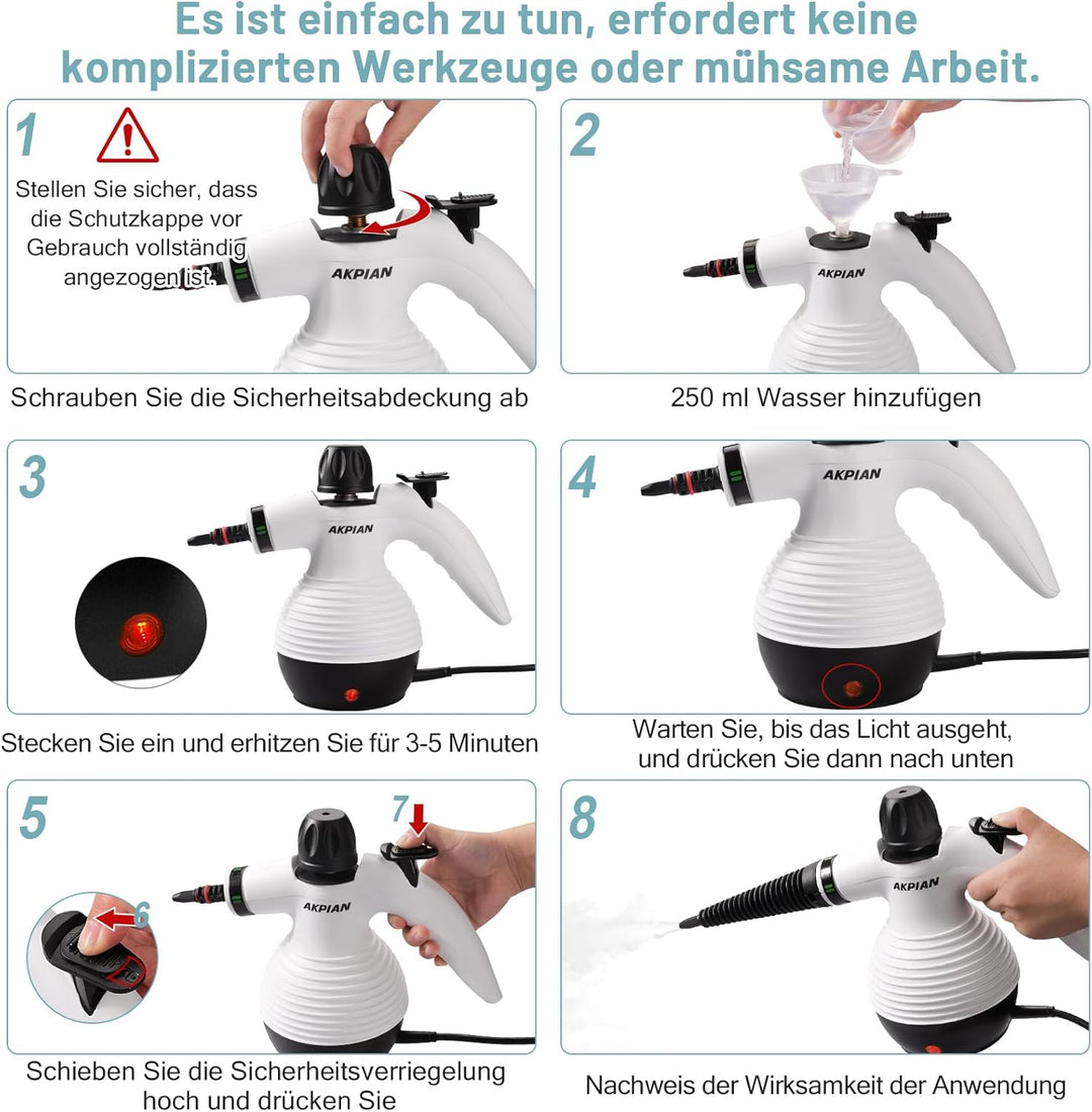 Dampfreiniger Handgerät, 3.2Bar Steam Cleaner mit 10 Zubehör | ˙Handdampfreiniger| 123°C Heissdampf
