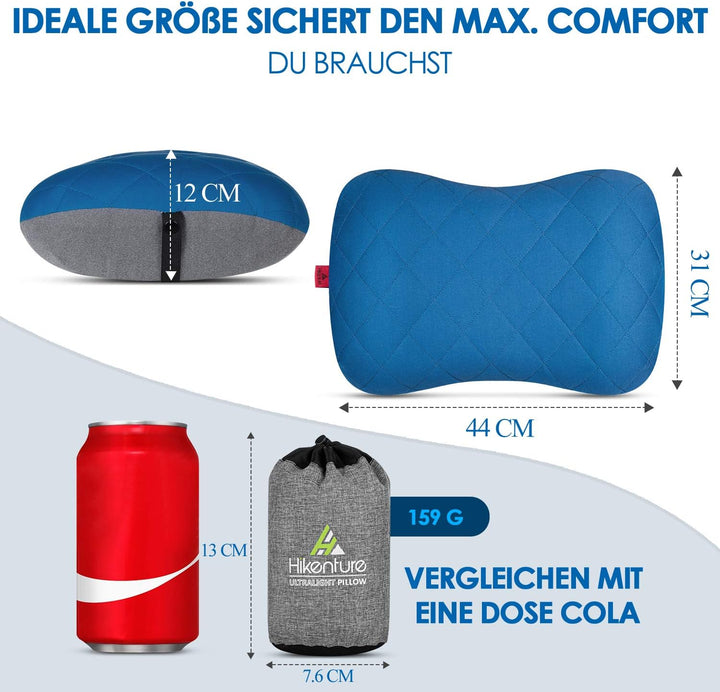 HIKENTURE Aufblasbares Camping/Reise Kissen mit Abziehbarem Kissenbezug, Ergonomisches Kopfkissen, K