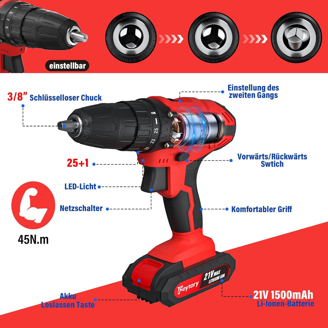 21V Akku Bohrschrauber Set，Akkuschrauber, mit 2 Akkus 1.5Ah,25+1 Drehmomentstufen, Akkubohrer 45Nm D