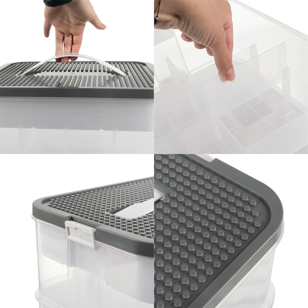 KRUZZEL Bausteine Aufbewahrungsbox 29L mit Griff & Trennwänden – 4 Etagen Stapelbox Transparent für