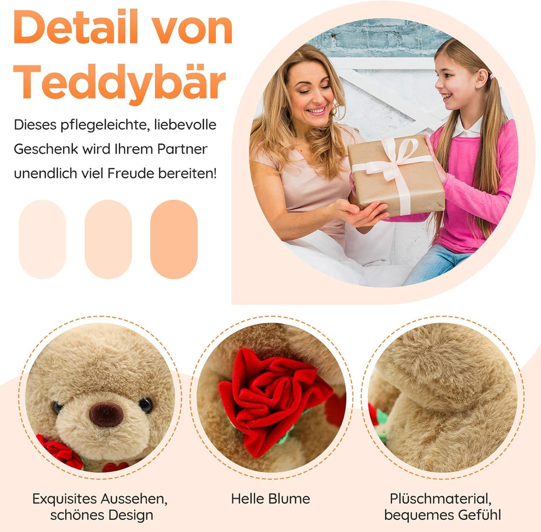 Teddybär, Teddy mit Rose 25cm, Plüsch-Bär Teddy Kuscheltier, Muttertagsgeschenke für Mama, Süsser St