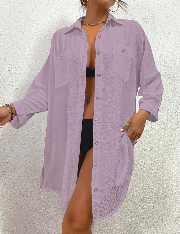 Bsubseach Frauen Badeanzug Coverup Shirt Kleid Button Down Badeanzug Cover Up Beachwear L B-Lila, L