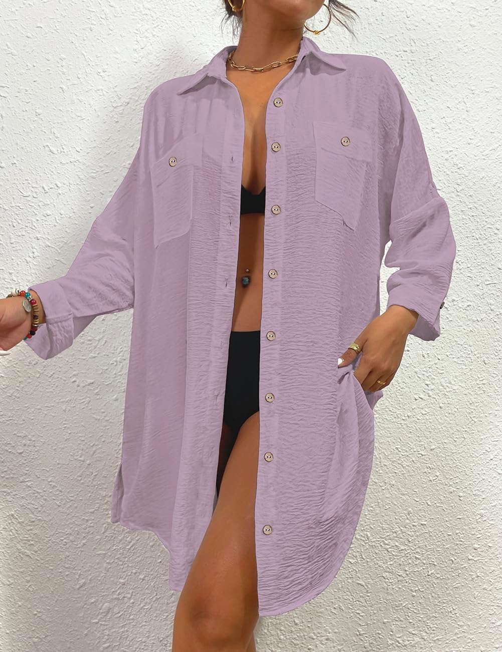 Bsubseach Frauen Badeanzug Coverup Shirt Kleid Button Down Badeanzug Cover Up Beachwear B-Lila M, B-