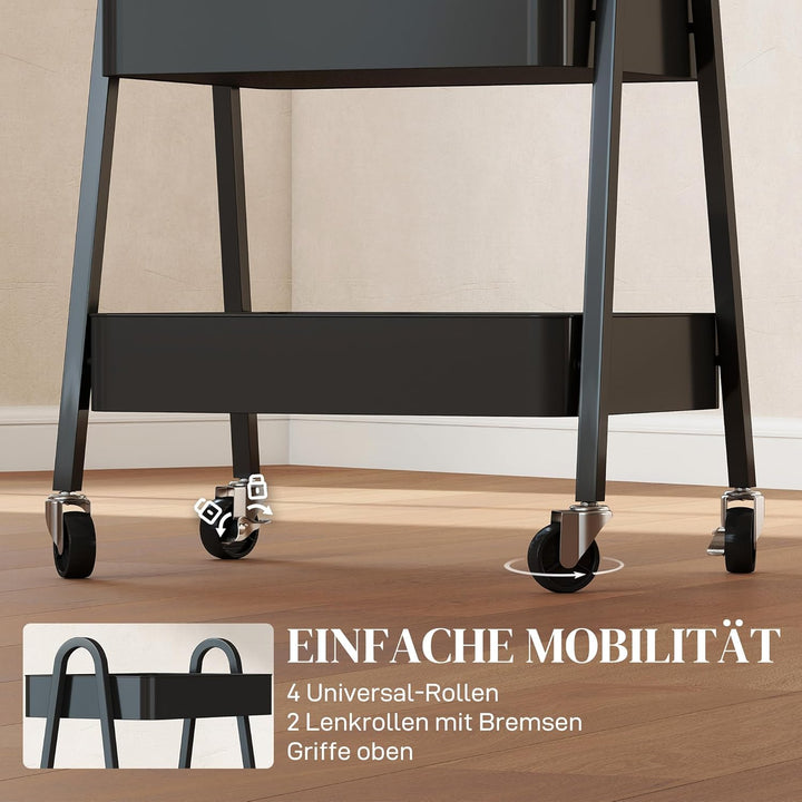 HOMCOM Servierwagen mit 3 Ebenen Küchenwagen mit Rollen Griff Rollwagen mit Bremse Küchenregal Küche