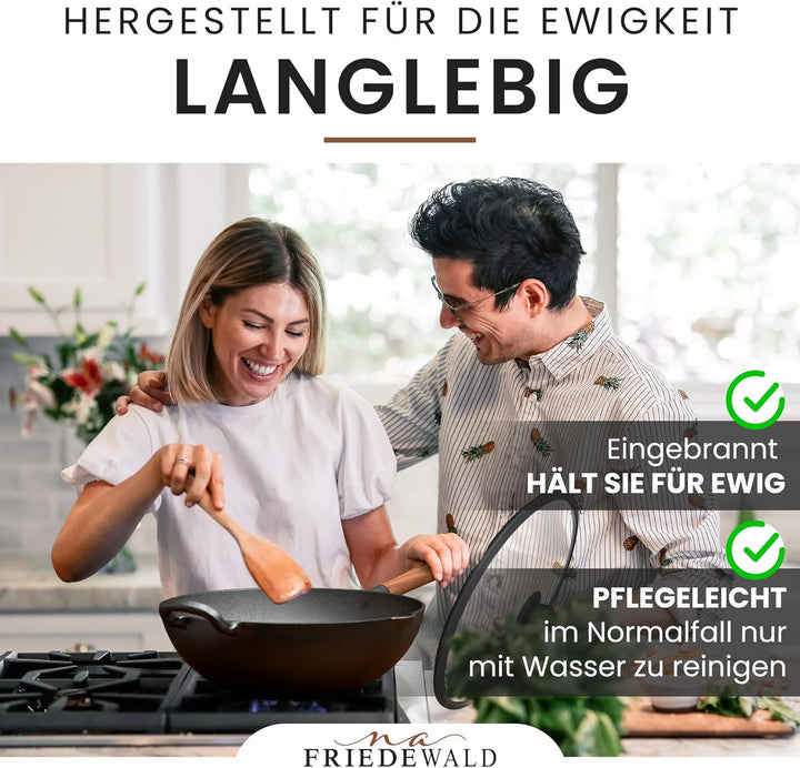 Friedewald® Gusseisen Wok mit Deckel - induktionsgeeignet - 29 cm/für 2-4 Personen - alle Herdarten