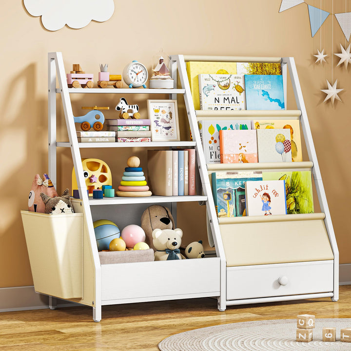 Quikraen Bücherregal Kinder, Kinderregal mit 4 Ablage und 3 Offenen Fächern, Montessori Bücherregal,