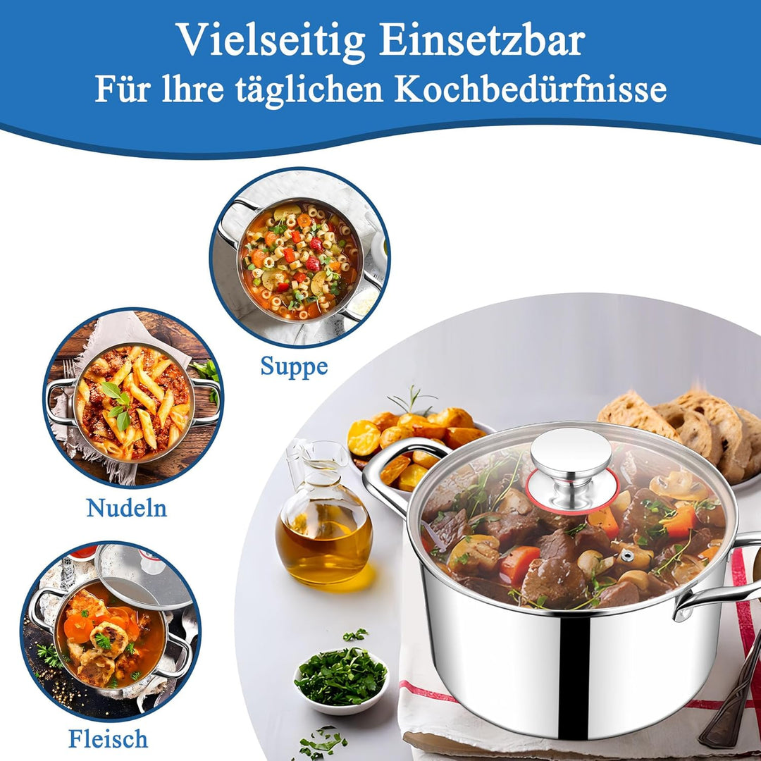 HaWare Kochtopf, 24cm Topf Induktion aus 3-Lagen Edeastahl, 5,7L Kochtöpfe Nudeltopf mit Glasdeckel