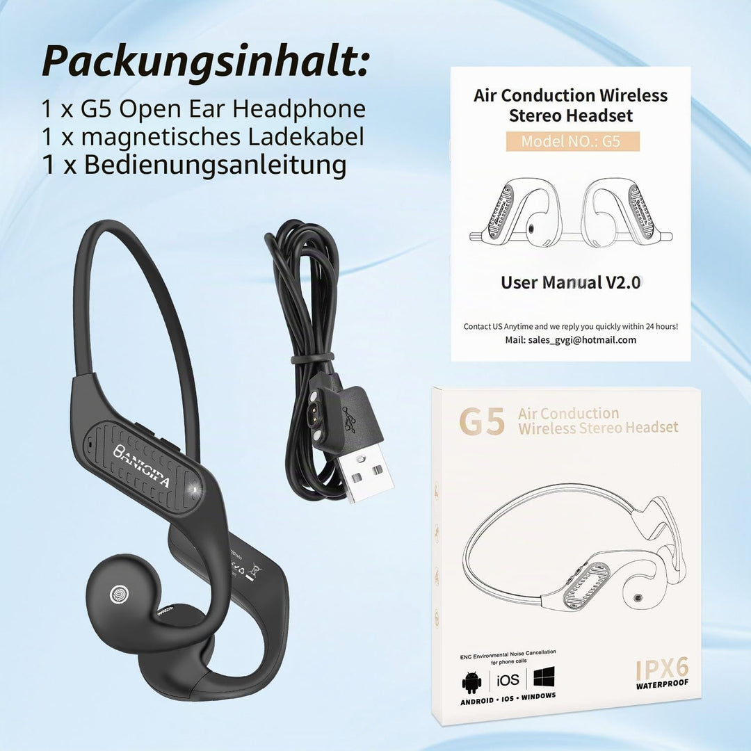 BANIGIPA Open Ear Kopfhörer, Bluetooth 5.3 Headset mit eingebauten Mikrofonen für Büro und Arbeit, l