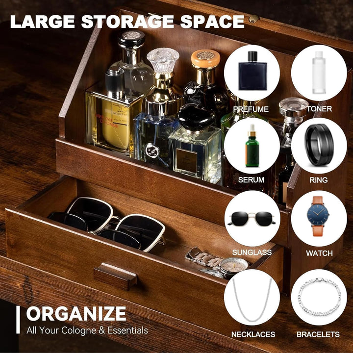 Parfüm Organizer aus Holz - Premium Aufbewahrungsbox mit Schublade für Düfte, Kosmetik & Schmuck - D